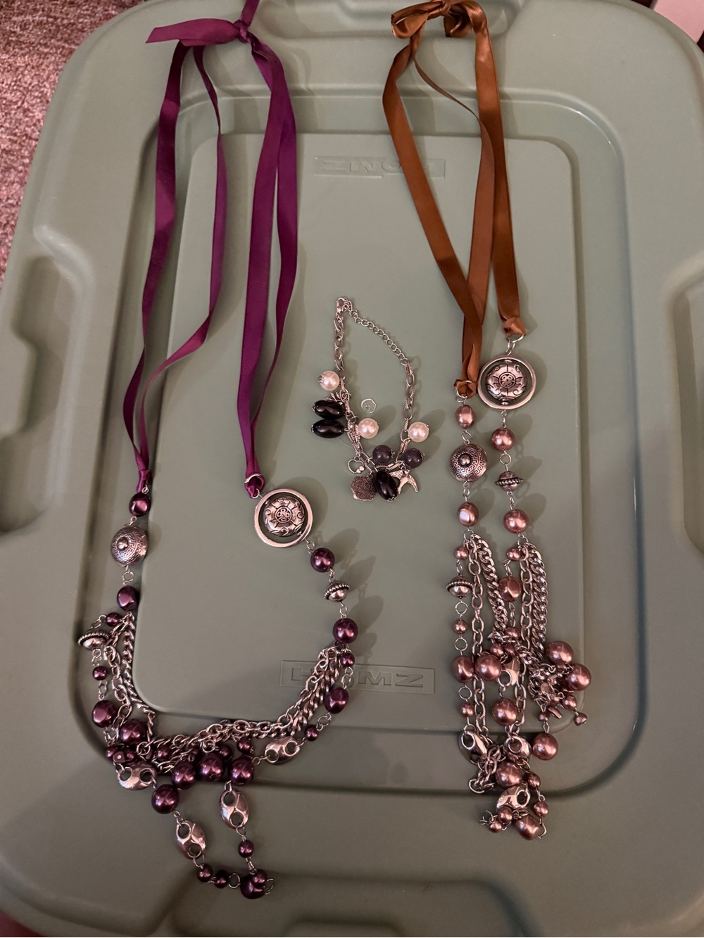 Ribbon-Tie Necklace Set with Pearl Bead Accents in Purple and Copper